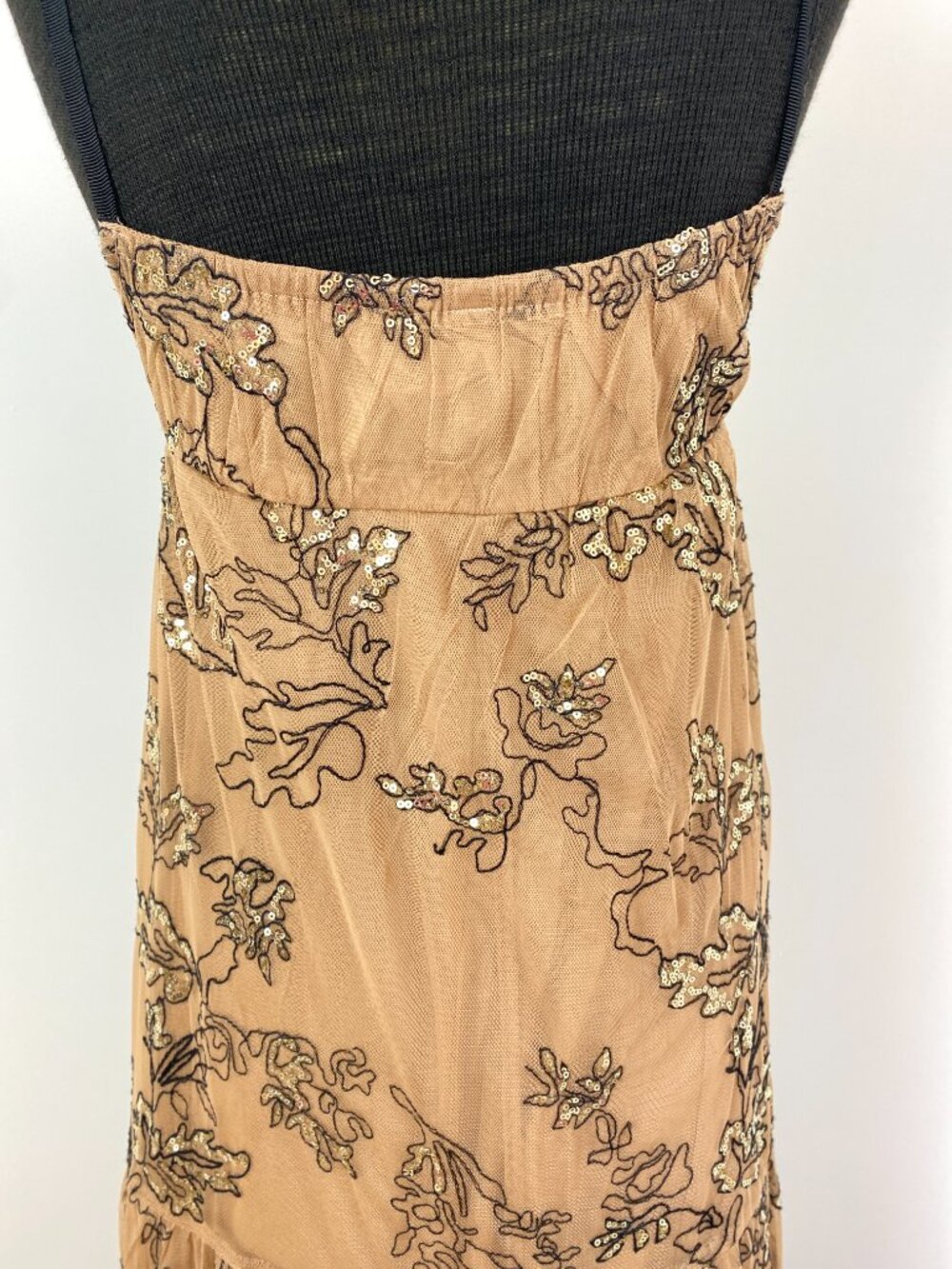 Anthropologie Sequined Tulle Midi/Maxi Dress Tan Embroidered Wedding Guest XS - Picture 8 of 12